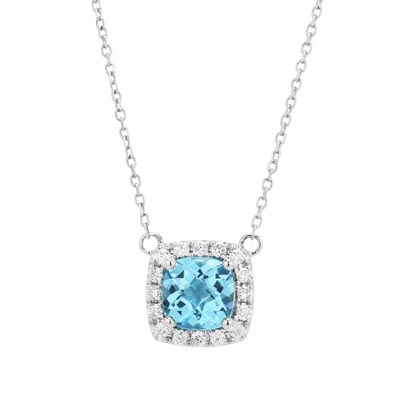 Cushion Blue Topaz Halo Necklace in 14kt White Gold with Diamonds (1/7ct tw)
