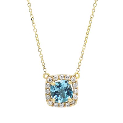 Cushion Cut Blue Topaz Halo Necklace in 14kt Yellow Gold with Diamonds (1/7ct tw)
