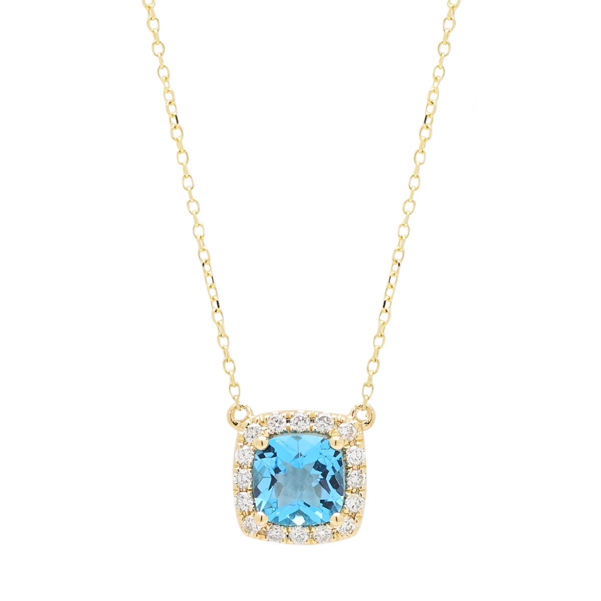 Cushion Cut Blue Topaz Halo Necklace in 14kt Yellow Gold with Diamonds (1/7ct tw)