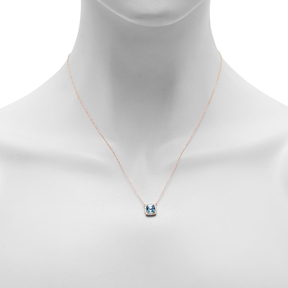 Cushion Cut Blue Topaz Halo Necklace in 14kt Yellow Gold with Diamonds (1/7ct tw)