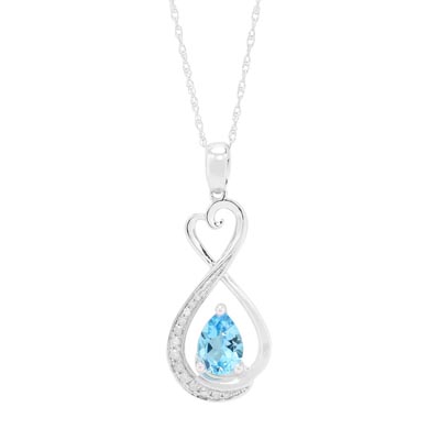 Pear Shape Blue Topaz Infinity Heart Necklace in 10kt White Gold with Diamonds (1/20ct tw)