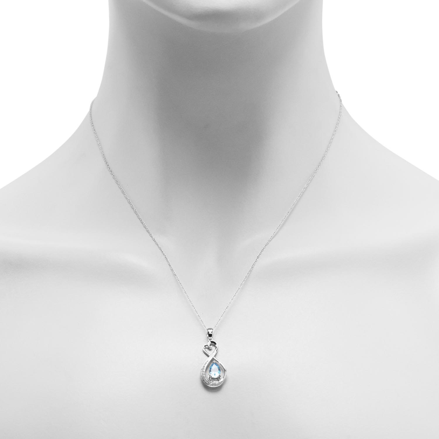 Pear Shape Blue Topaz Infinity Heart Necklace in 10kt White Gold with Diamonds (1/20ct tw)