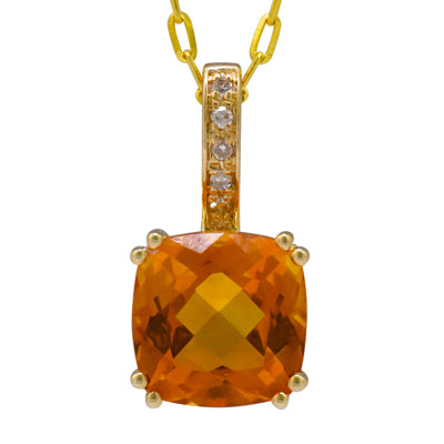 Madison L Cushion Citrine Necklace in 14kt Yellow Gold with Diamonds (.02ct tw)