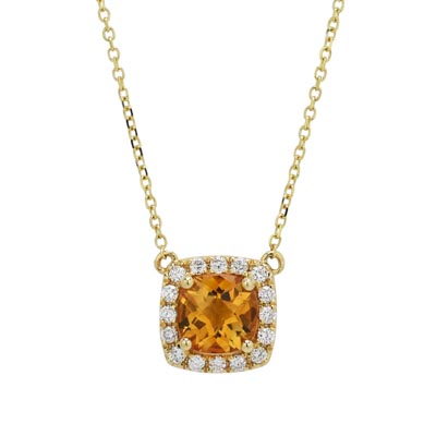 Cushion Cut Citrine Halo Necklace in 14kt Yellow Gold with Diamonds (1/7ct tw)