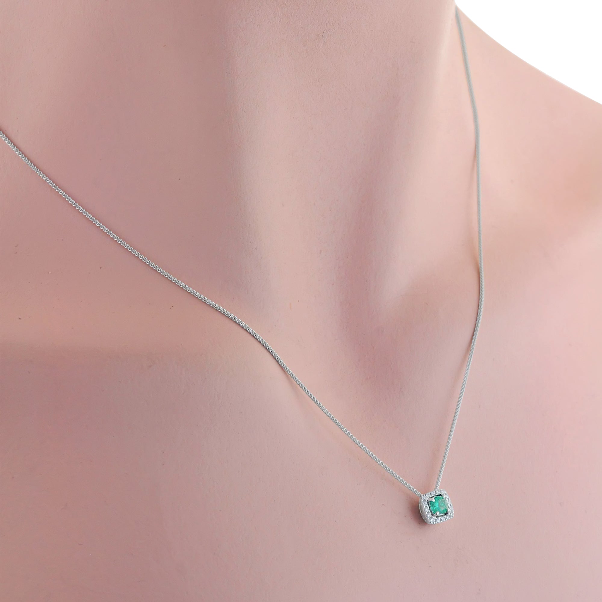 Emerald Halo Necklace in 14kt White Gold with Diamonds (1/20ct tw)