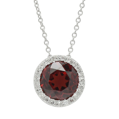 Madison L Garnet Halo Necklace in 14kt White Gold with Diamonds (1/20ct tw)