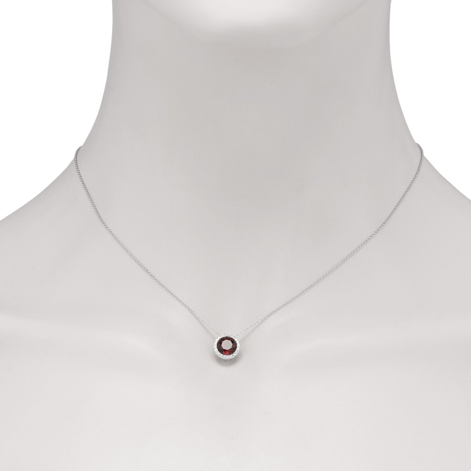 Madison L Garnet Halo Necklace in 14kt White Gold with Diamonds (1/20ct tw)