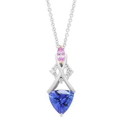 Denny Wong Trillion Tanzanite and Pink Sapphire Necklace in 18kt Yellow and White Gold with Diamonds (1/20ct tw)