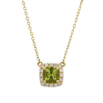 Cushion Peridot Halo Necklace in 14kt Yellow Gold with Diamonds (1/10ct tw)