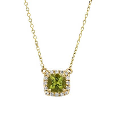 Cushion Peridot Halo Necklace in 14kt Yellow Gold with Diamonds (1/10ct tw)