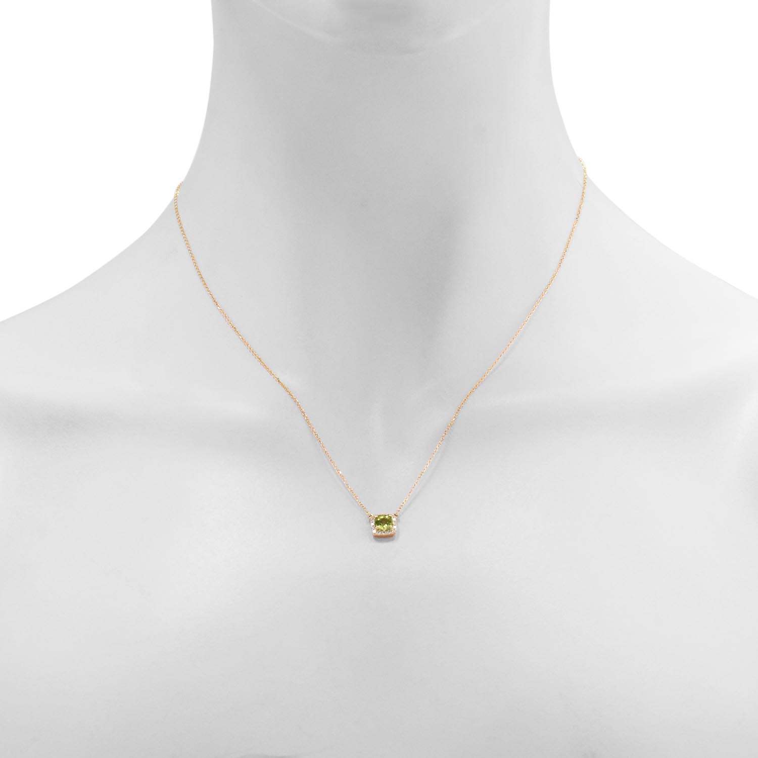 Cushion Peridot Halo Necklace in 14kt Yellow Gold with Diamonds (1/10ct tw)