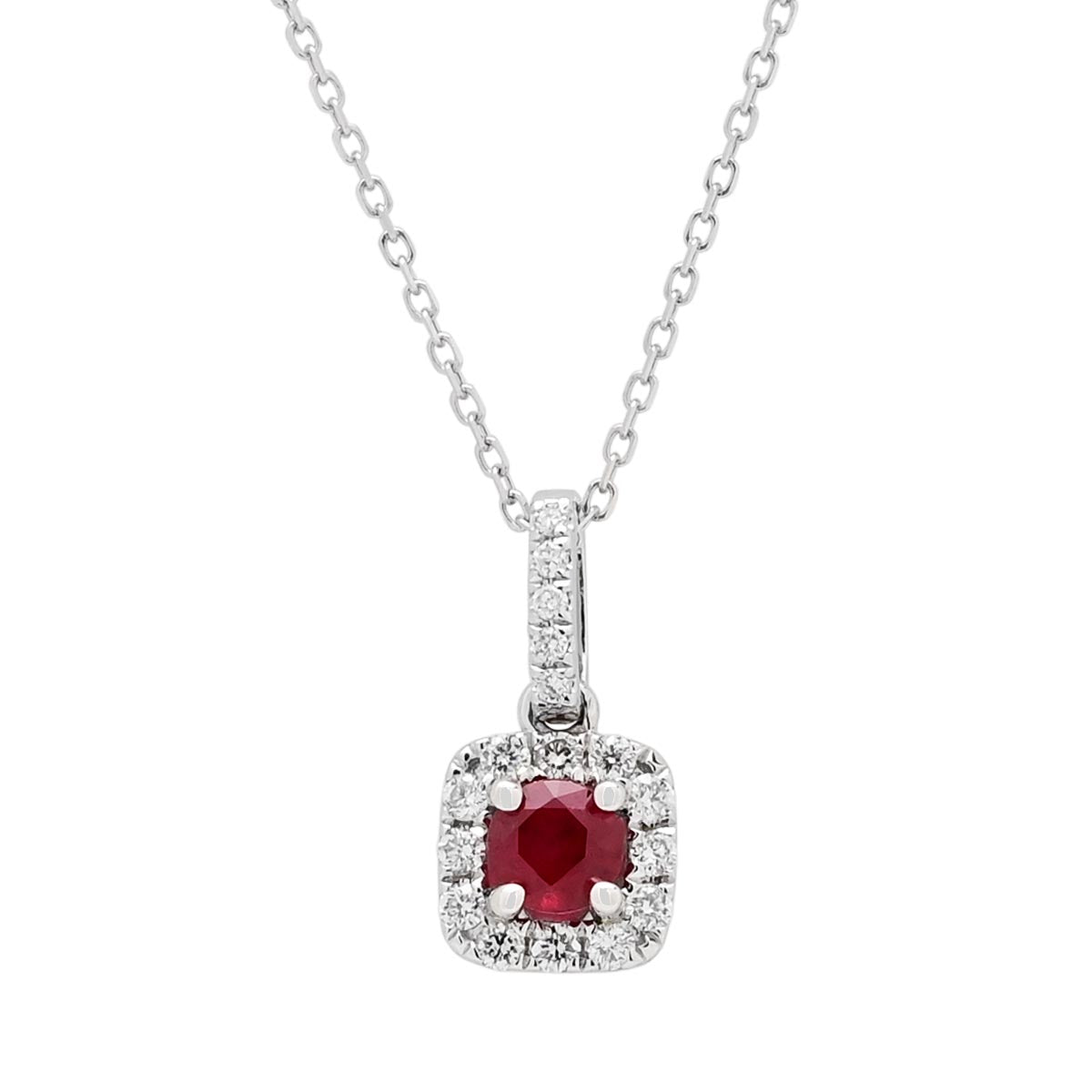 Ruby Halo Necklace in 14kt White Gold with Diamonds (1/7ct tw)
