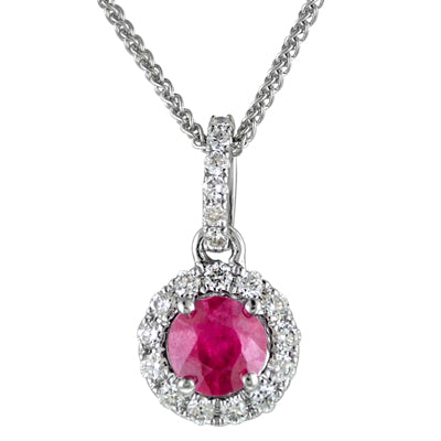 Ruby Halo Necklace in 14kt White Gold with Diamonds (1/7ct tw)