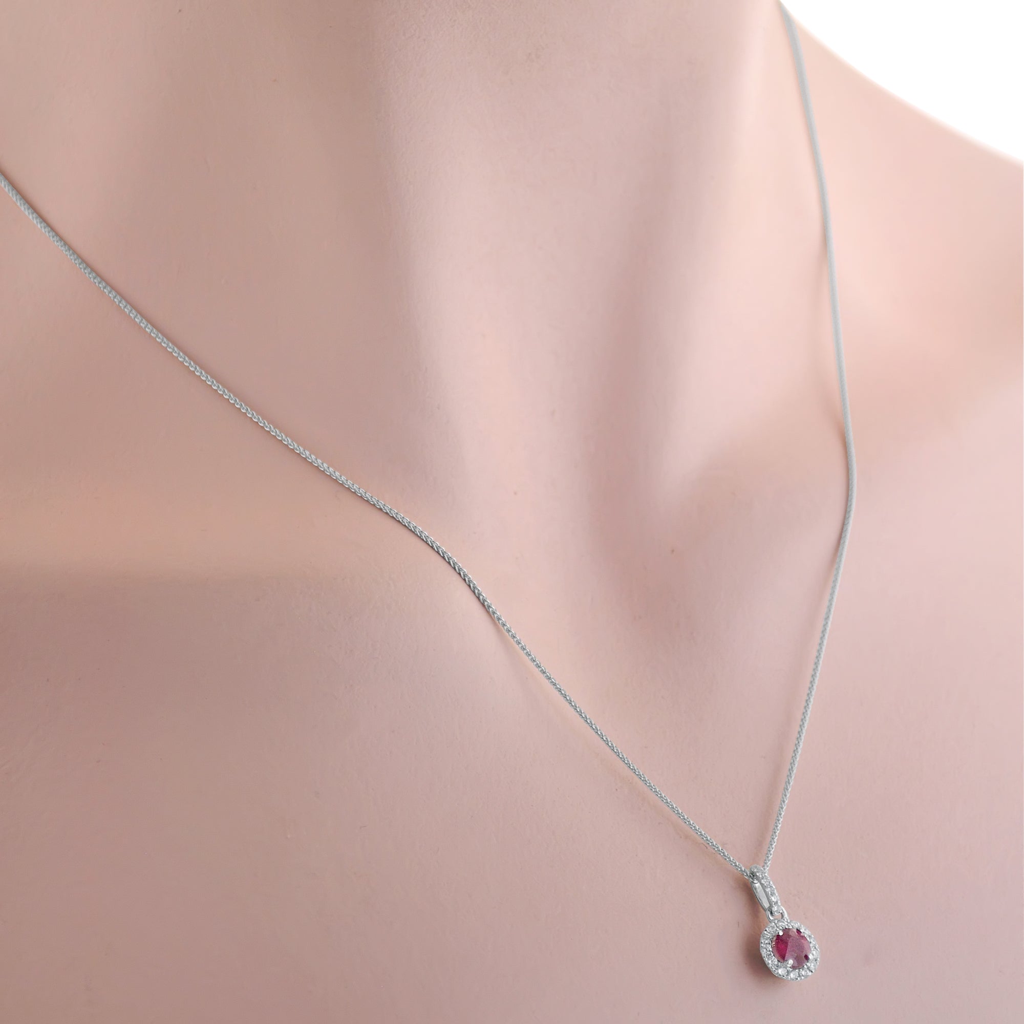 Ruby Halo Necklace in 14kt White Gold with Diamonds (1/7ct tw)
