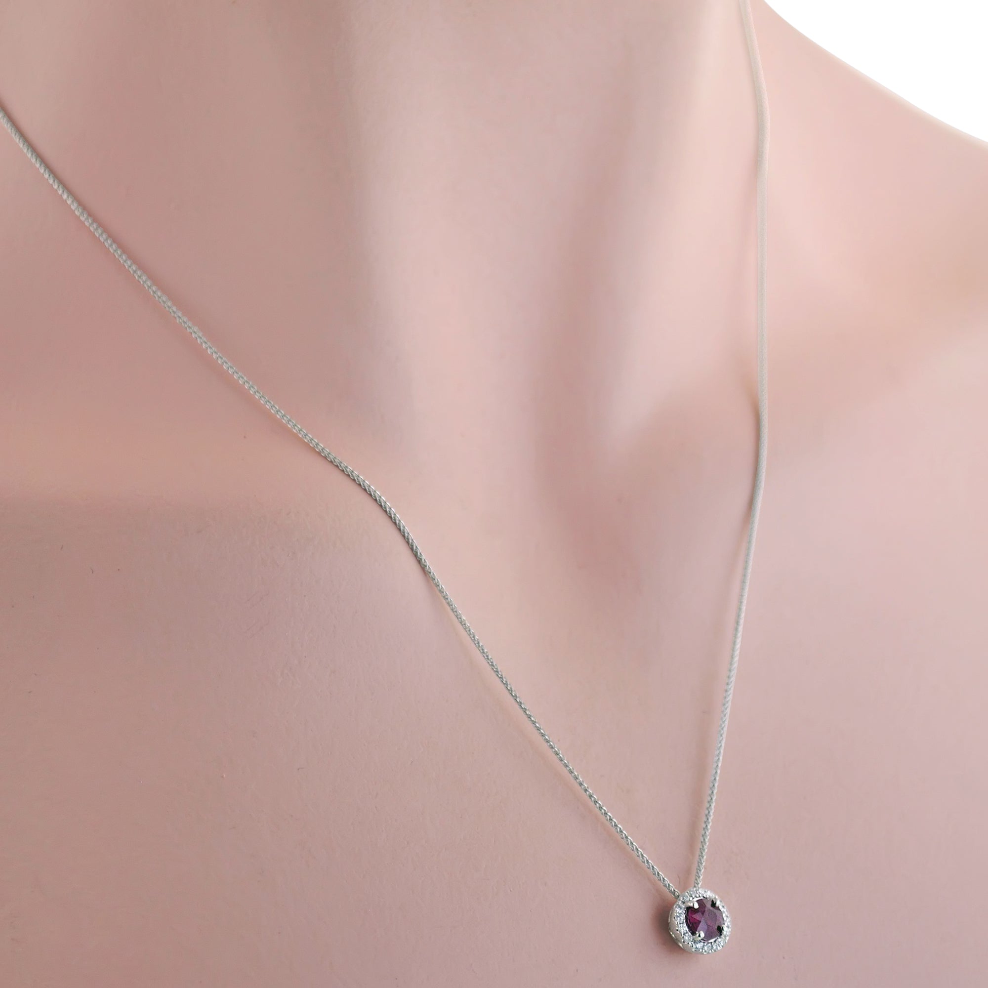 Ruby Halo Necklace  in 14kt White Gold with Diamonds (1/10ct tw)