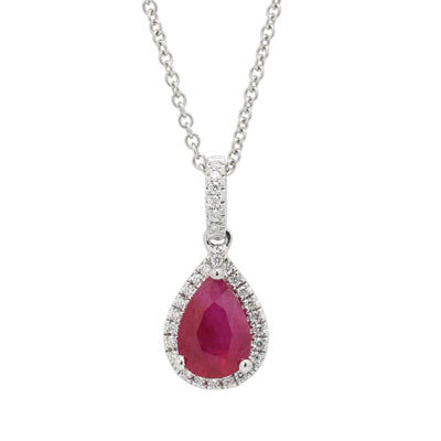 Pear Shape Ruby Necklace in 14k White Gold with Diamonds (1/10ct tw)