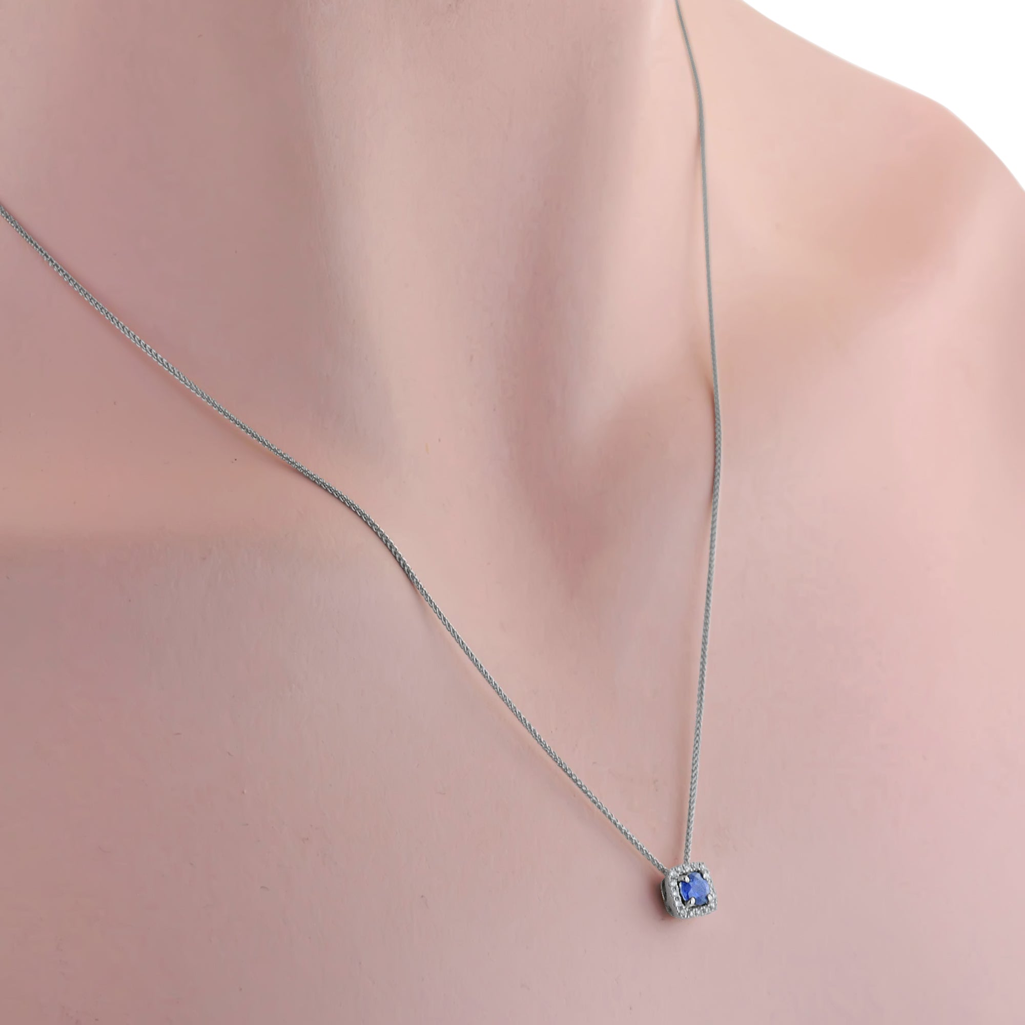 Sapphire Halo Necklace in 14kt White Gold with Diamonds (1/20ct tw)