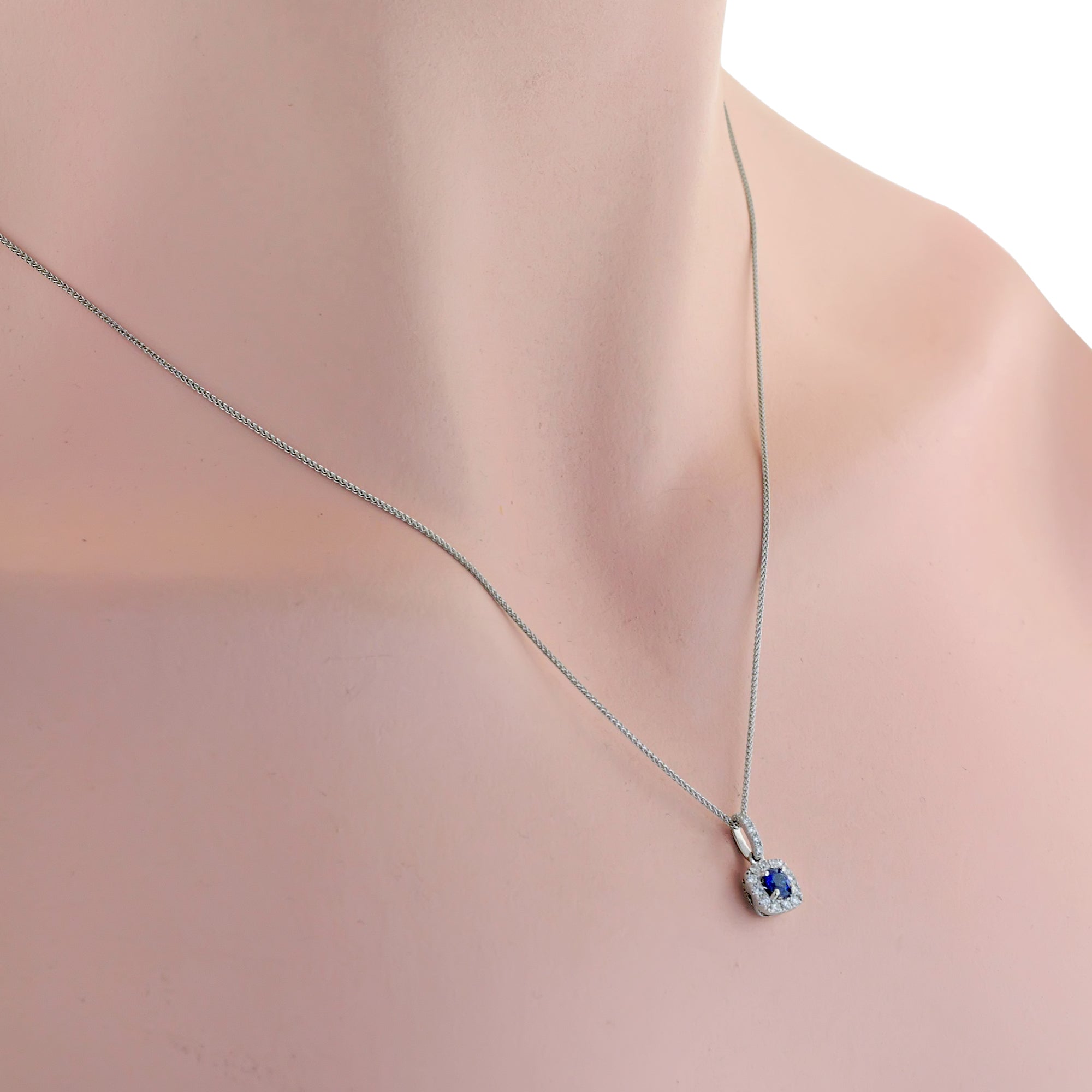 Sapphire Halo Necklace in 14kt White Gold with Diamonds (1/7ct tw)