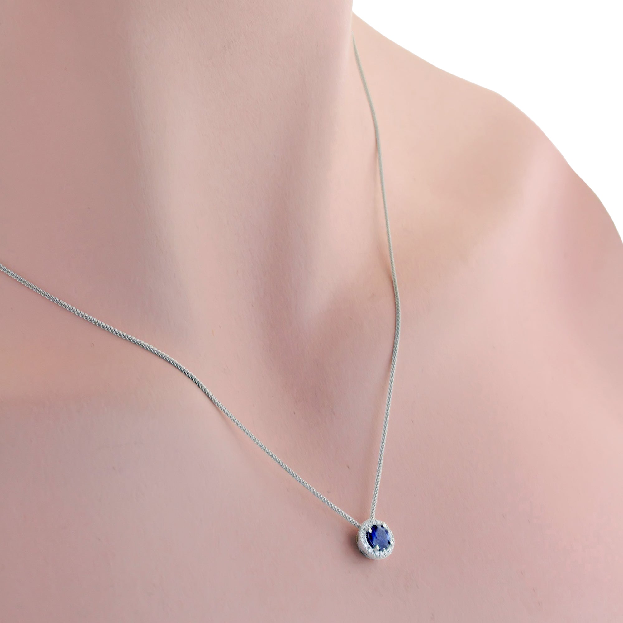 Sapphire Halo Necklace in 14kt White Gold with Diamonds (1/10ct tw)