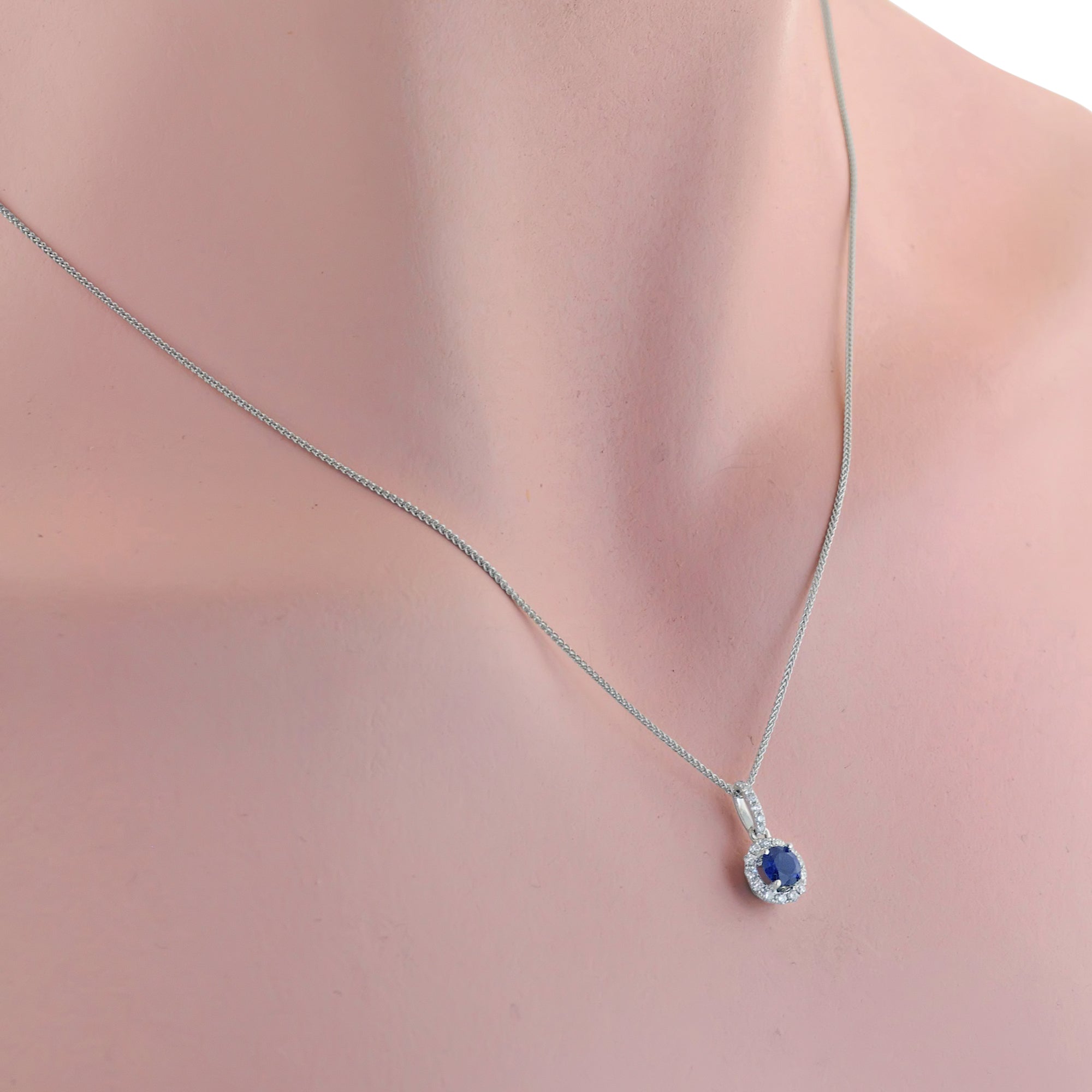 Sapphire Halo Necklace in 14kt White Gold with Diamonds (1/7ct tw)