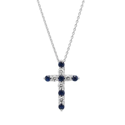 Sapphire and Diamond Cross Necklace in 14kt White Gold (1/4ct tw)