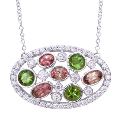 Maine Pink and Green Tourmaline Merchants Row Necklace in 14kt White Gold with Diamonds (5/8ct tw)