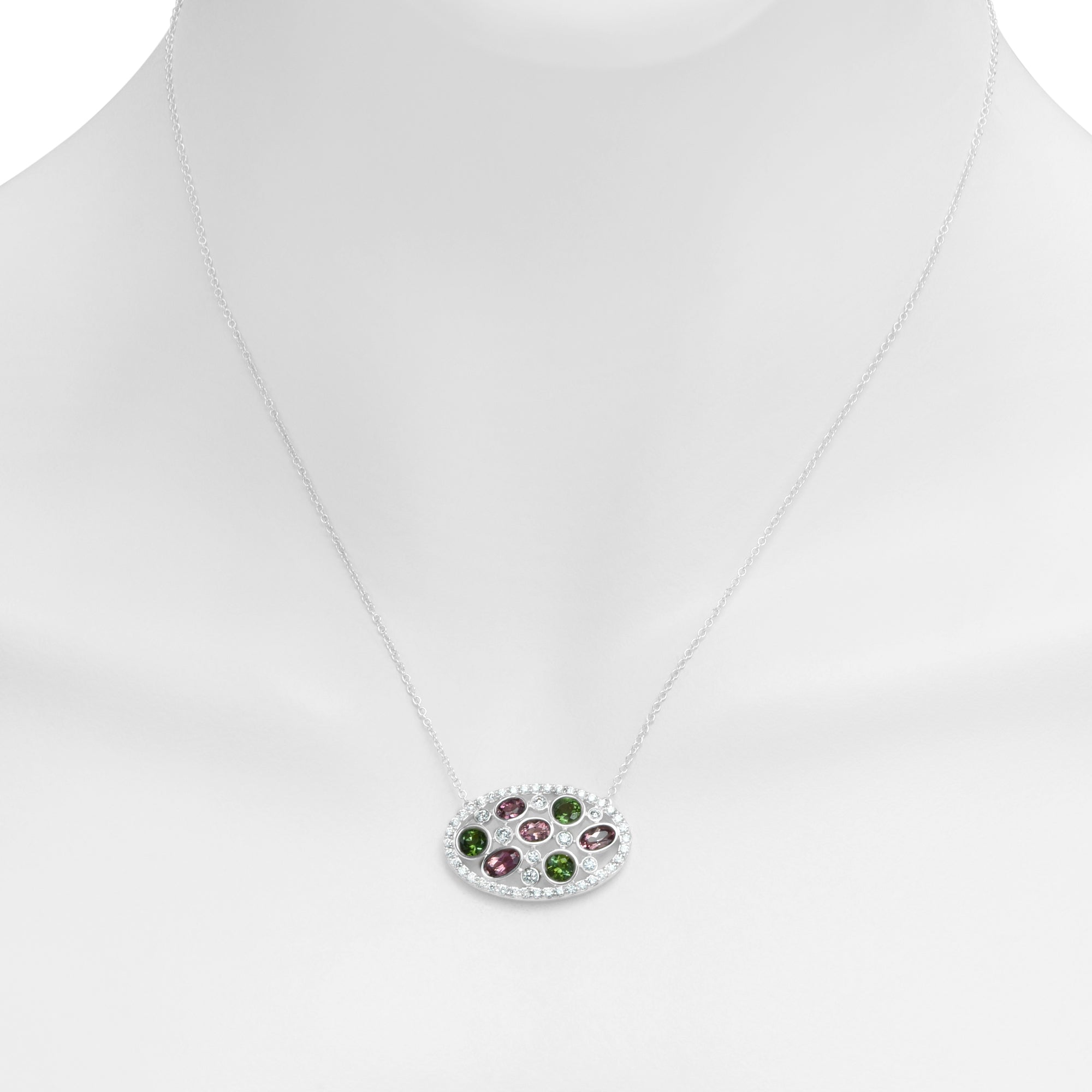 Maine Pink and Green Tourmaline Merchants Row Necklace in 14kt White Gold with Diamonds (5/8ct tw)