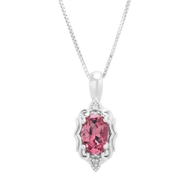 Maine Pink Tourmaline Oval Necklace in 14kt White Gold with Diamonds (.01ct tw)
