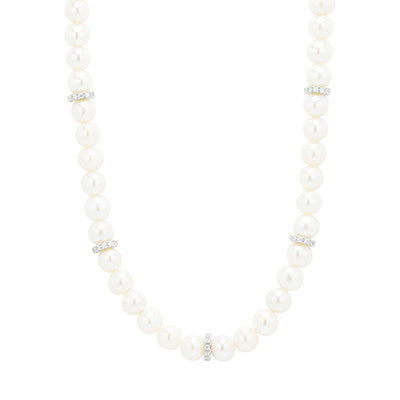 Cultured Freshwater Pearl Necklace in Sterling Silver with Cubic Zirconia (7-8mm pearls)