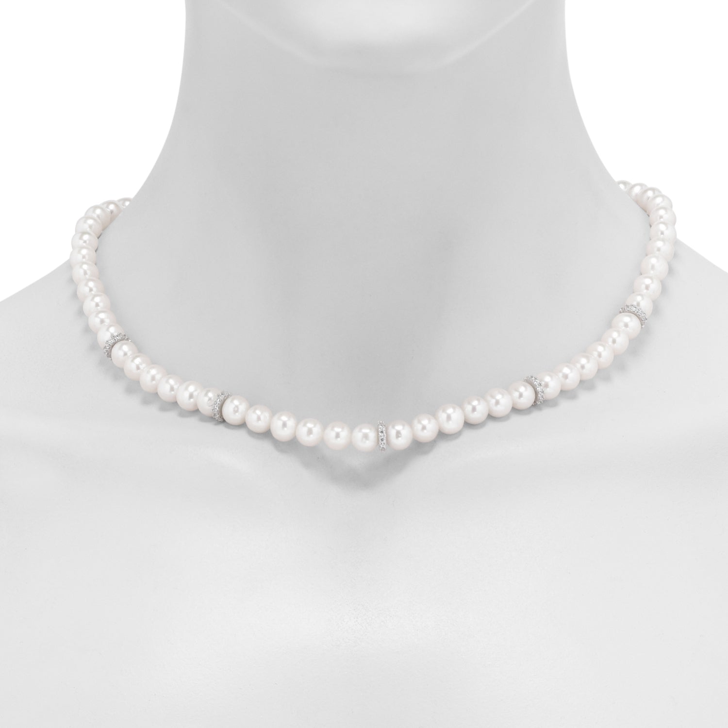 Cultured Freshwater Pearl Necklace in Sterling Silver with Cubic Zirconia (7-8mm pearls)