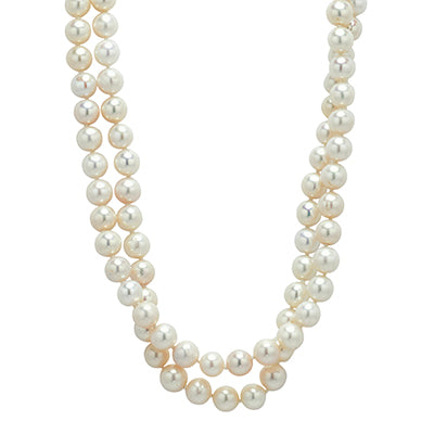 Cultured Freshwater Double Pearl Strand Necklace in Sterling Silver with Cubic Zirconia (7-8mm pearls)