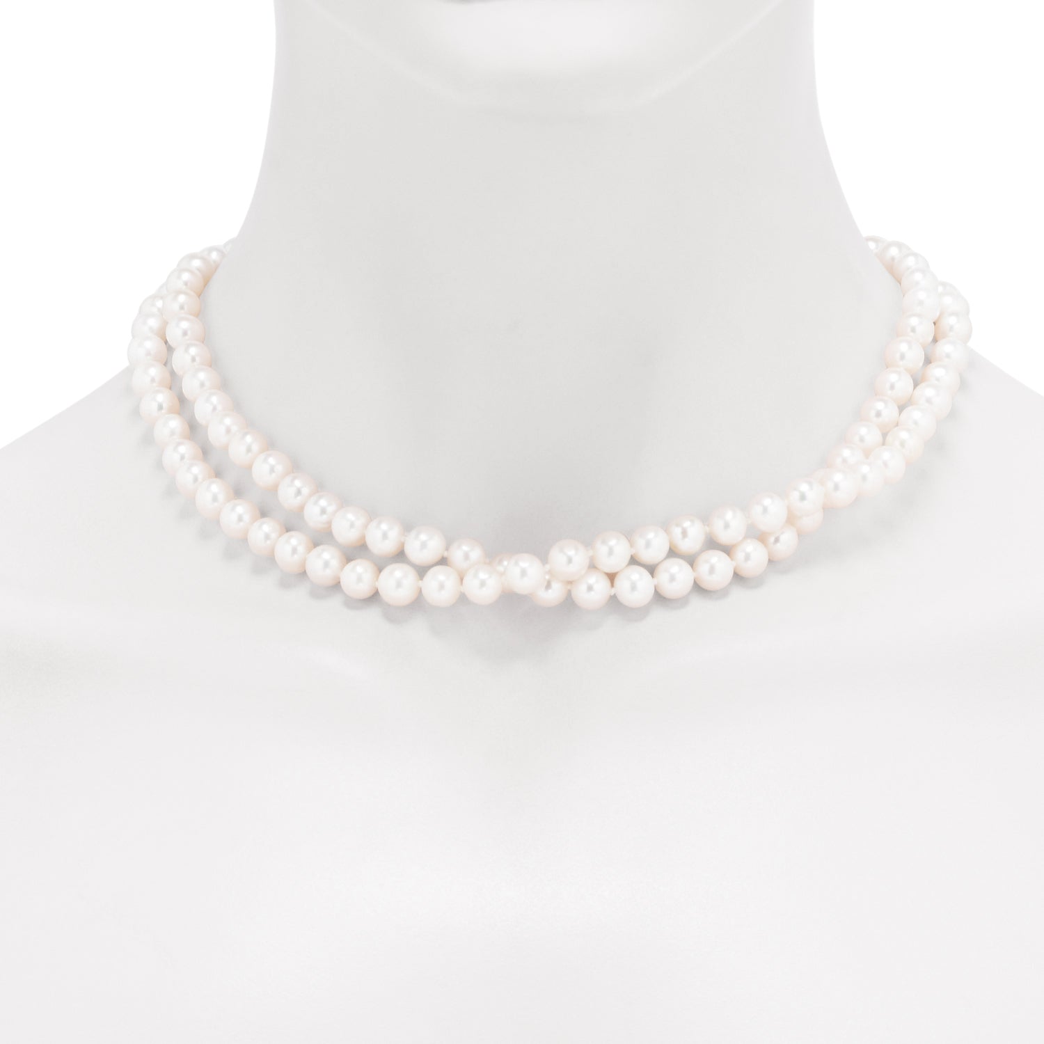 Cultured Freshwater Double Pearl Strand Necklace in Sterling Silver with Cubic Zirconia (7-8mm pearls)