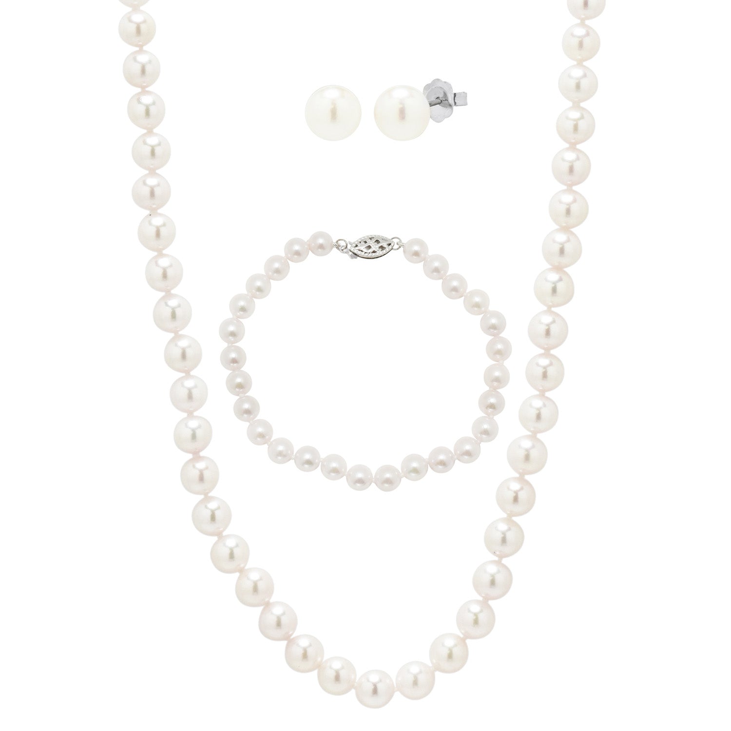Cultured Akoya Pearl Earrings Necklace and Bracelet Set in 14kt White Gold 6 6.5mm pearls