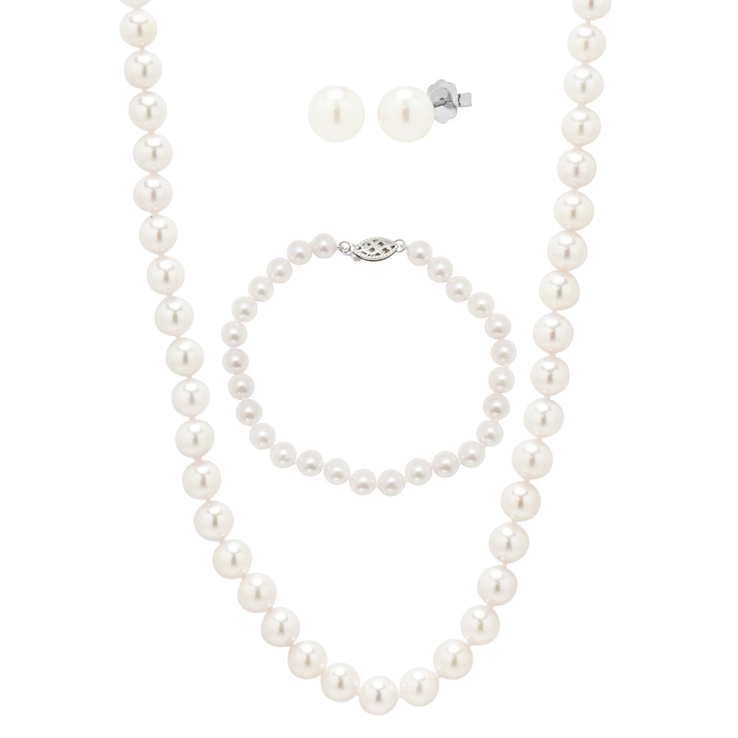 Cultured Akoya Pearl Earrings Necklace and Bracelet Set in 14kt White Gold (6-6.5mm pearls)
