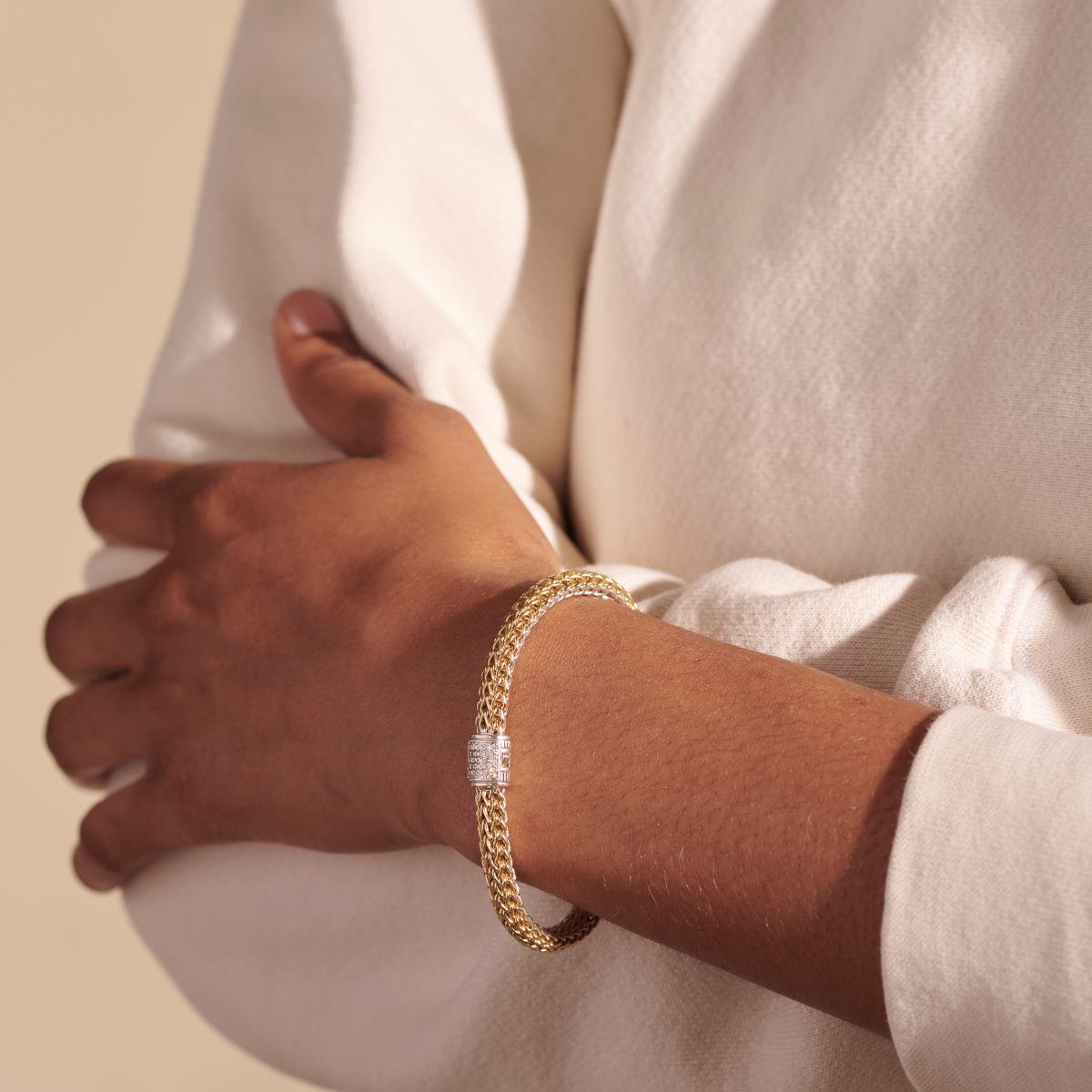 John Hardy Icon Diamond Reversible Bracelet in Sterling Silver and 18kt Yellow Gold (6.5mm)