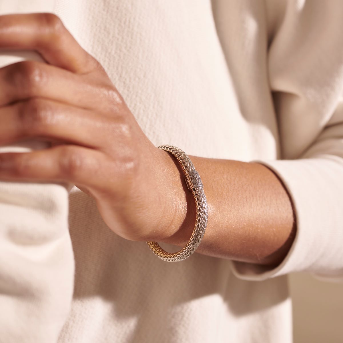 John Hardy Icon Diamond Reversible Bracelet in Sterling Silver and 18kt Yellow Gold (6.5mm)