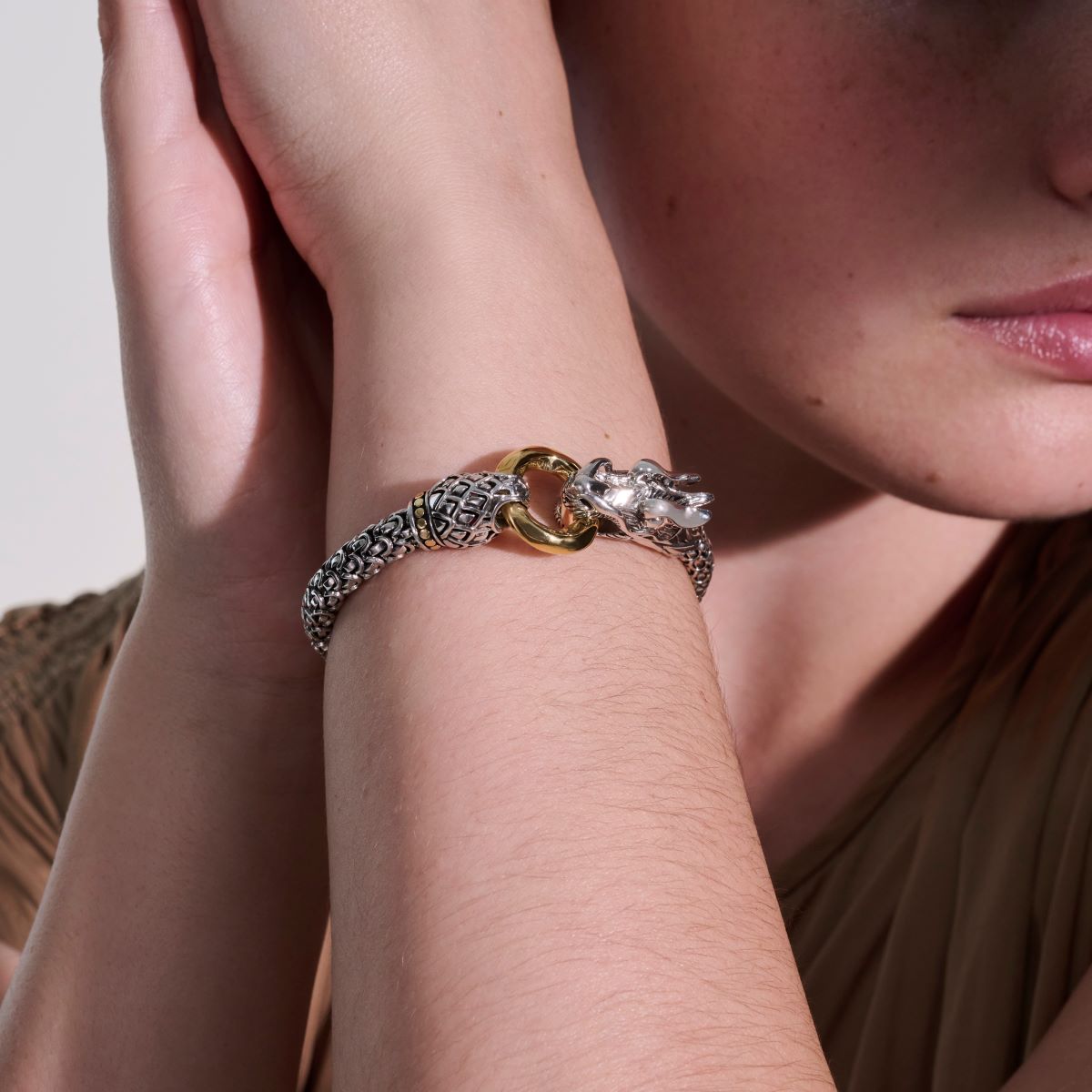 John Hardy Naga Station Bracelet in Sterling Silver and 18kt Yellow Gold (6mm)
