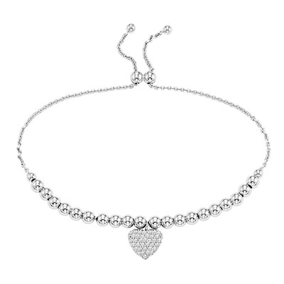 Cubic Zirconia Heart Bolo Bracelet in Sterling Silver