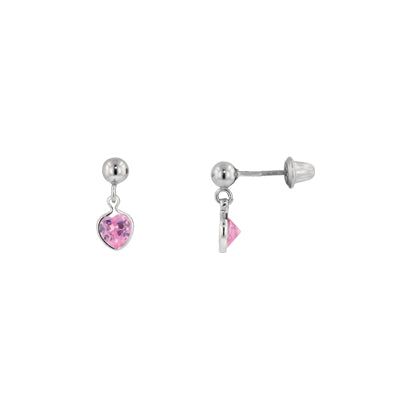 Children Pink Cubic Zirconia Heart Earrings in Sterling Silver