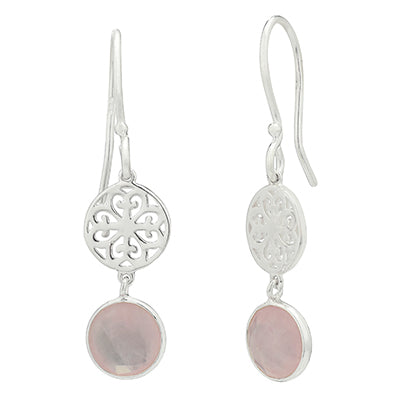 Southern Gates Rose Quartz Filigree Drop Earrings in Sterling Silver