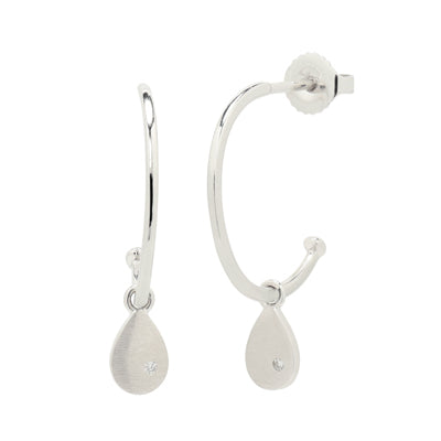 Pear Satin Charm Hoop Earring in Sterling Silver with Diamonds (.01cttw)