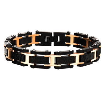Mens Black and Rose Gold Plate Bracelet in Stainless Steel