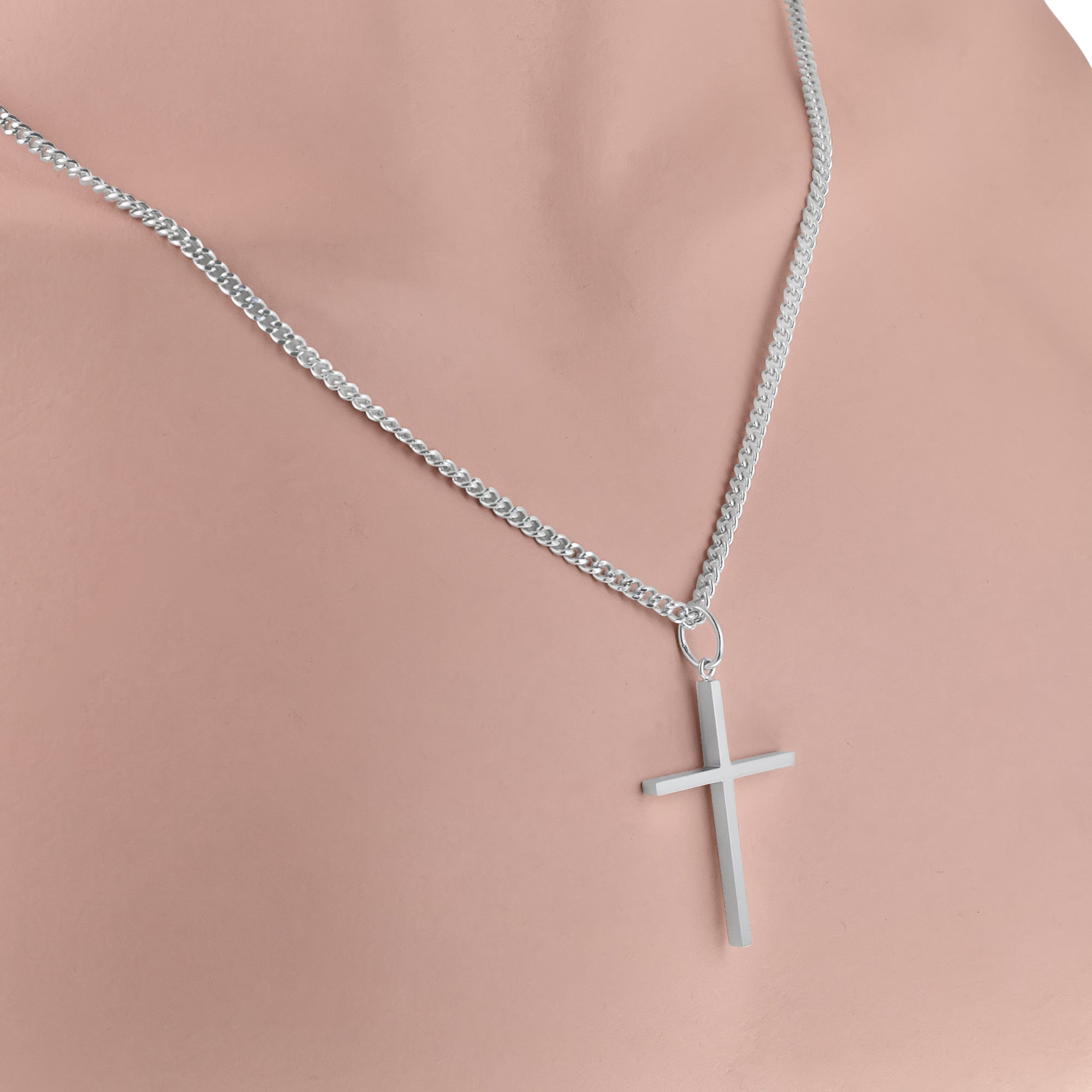 Mens Cross Necklace in Sterling Silver with Stainless Steel Chain