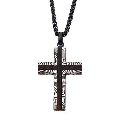 Mens Cross Necklace in Damascus Steel and Wood