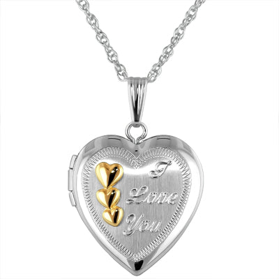 I Love You Heart Locket Necklace in Sterling Silver and 14kt Yellow Gold