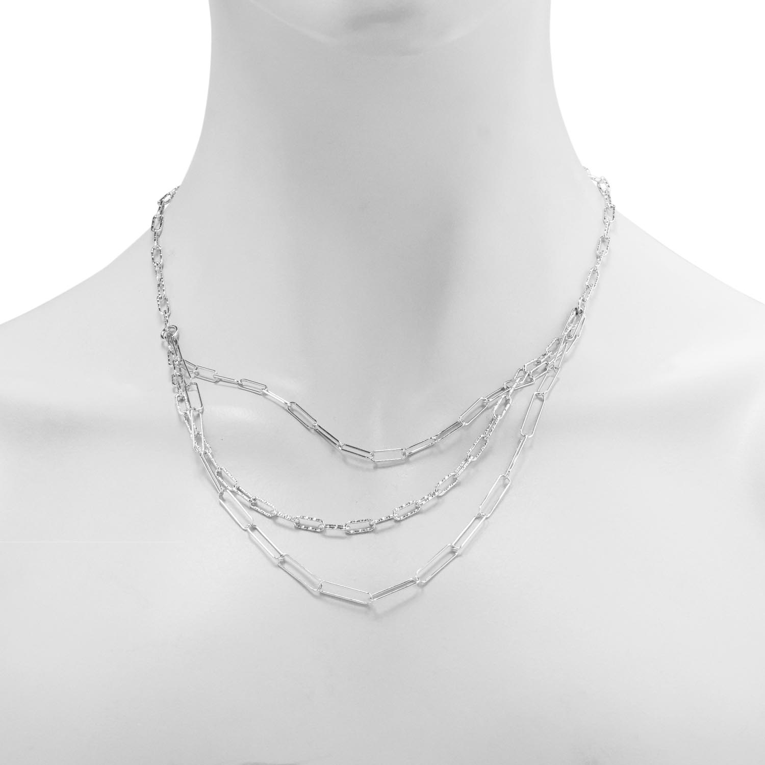 Paperclip Triple Strand Chain Necklace in Sterling Silver