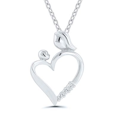 Mother and Child Heart Necklace in Sterling Silver with Diamonds (1/20ct tw)