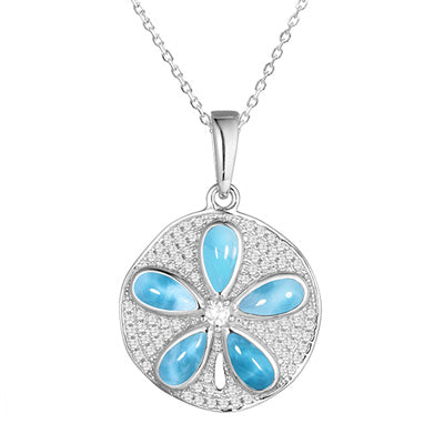 Alamea Larimar Sand Dollar Necklace in Sterling Silver with Cubic Zirconia