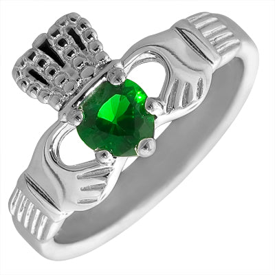 Synthetic Emerald Claddagh Ring in Sterling Silver (size 7)