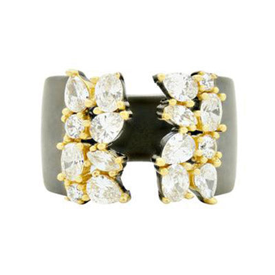 Freida Rothman Midnight Open Cuff Ring in Sterling Silver with 14kt Yellow Gold Plate and Black Rhodium (size 8)